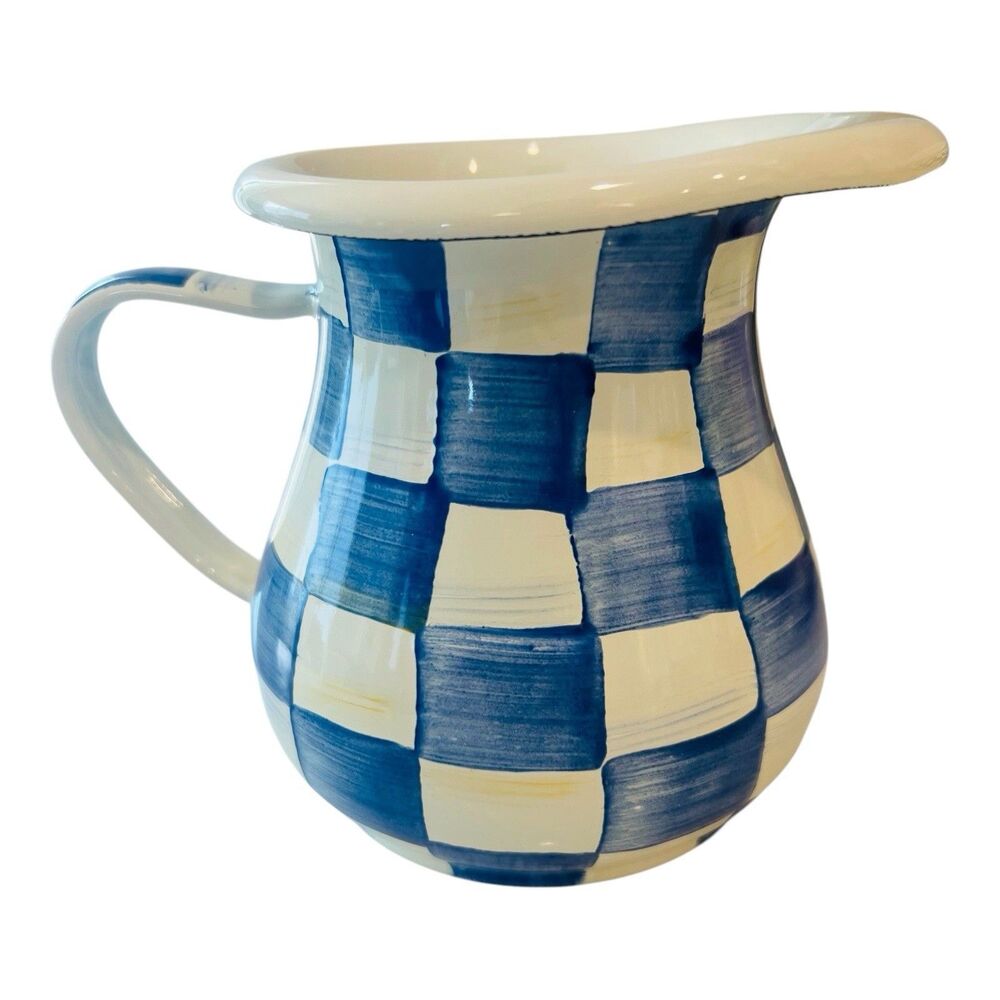 MacKenzie-Childs Blue Check Enamel Creamer Pitcher 14 Oz Hand Painted 4.5”